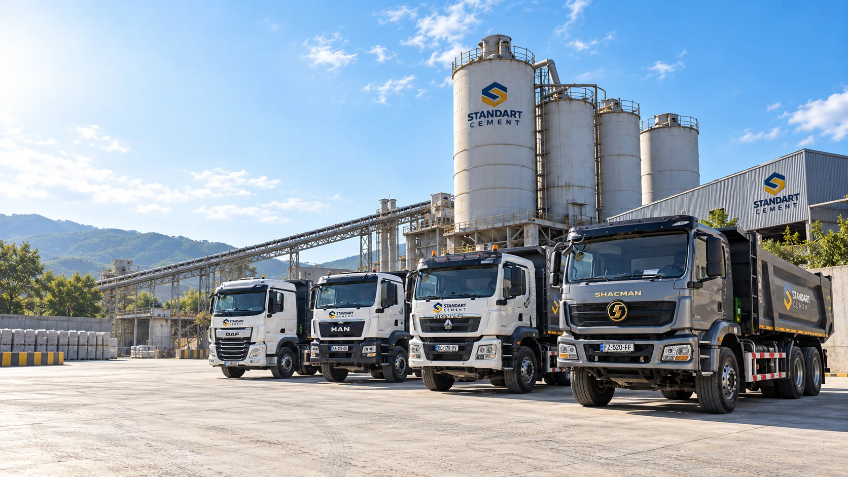 STANDART CEMENT-ის საწარმო და ბრენდირებული სატვირთო ავტომობილები
